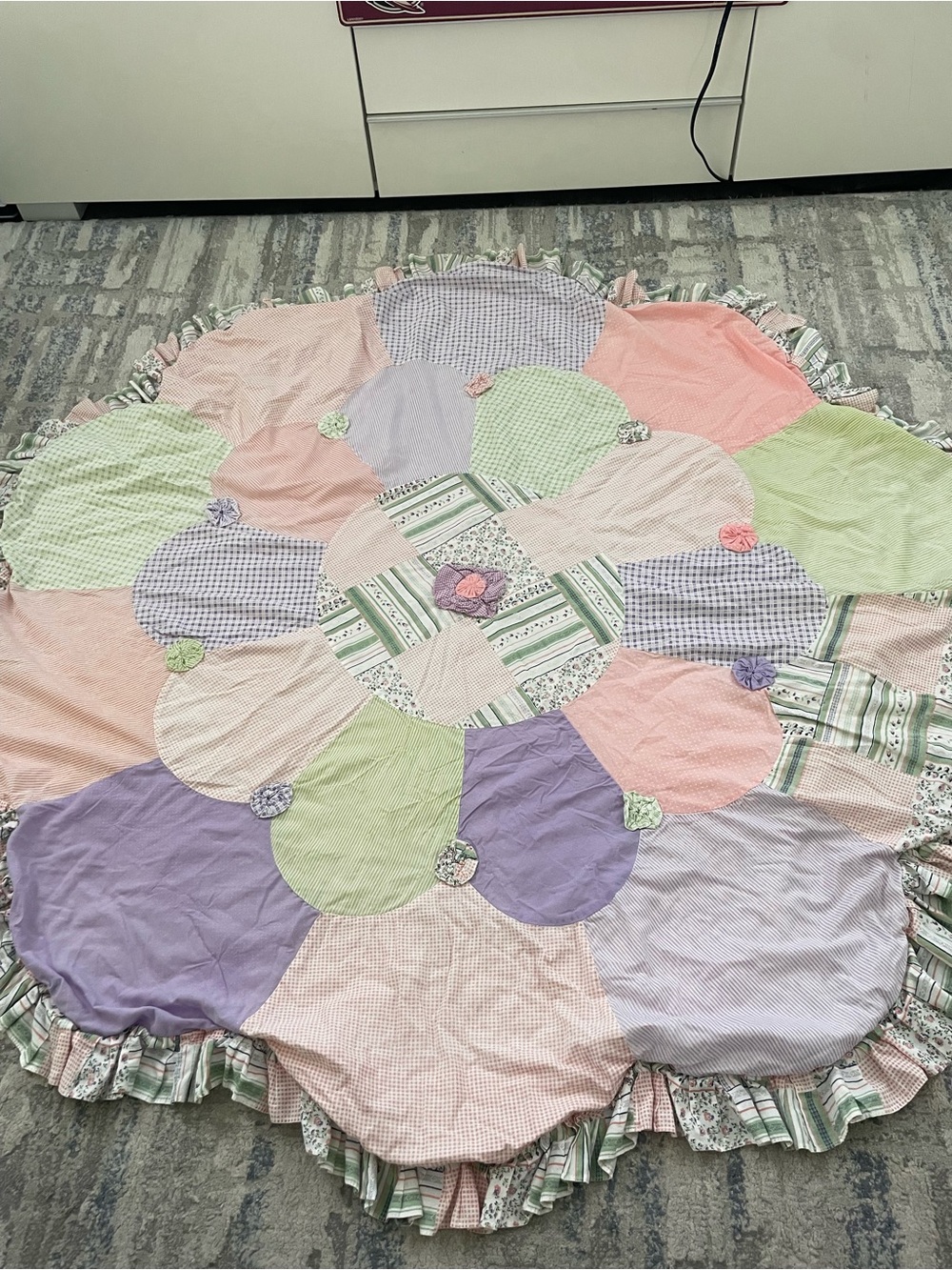 Quilted Round  Patchwork Floral Ruffled Edge Multicolor  54x54